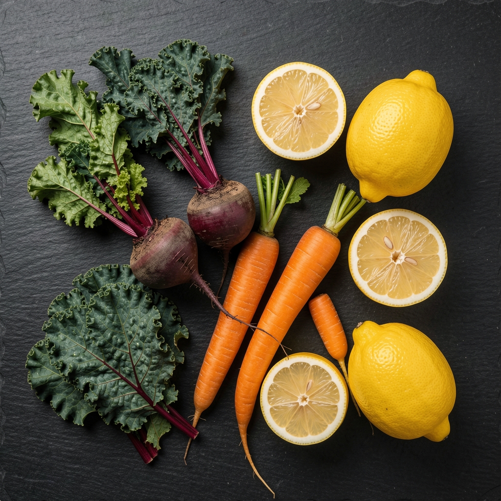 Overhead flat-lay of a colourful seasonal vegetable arrangement on a dark slate surface, including beetroot, kale, carrots, and lemons